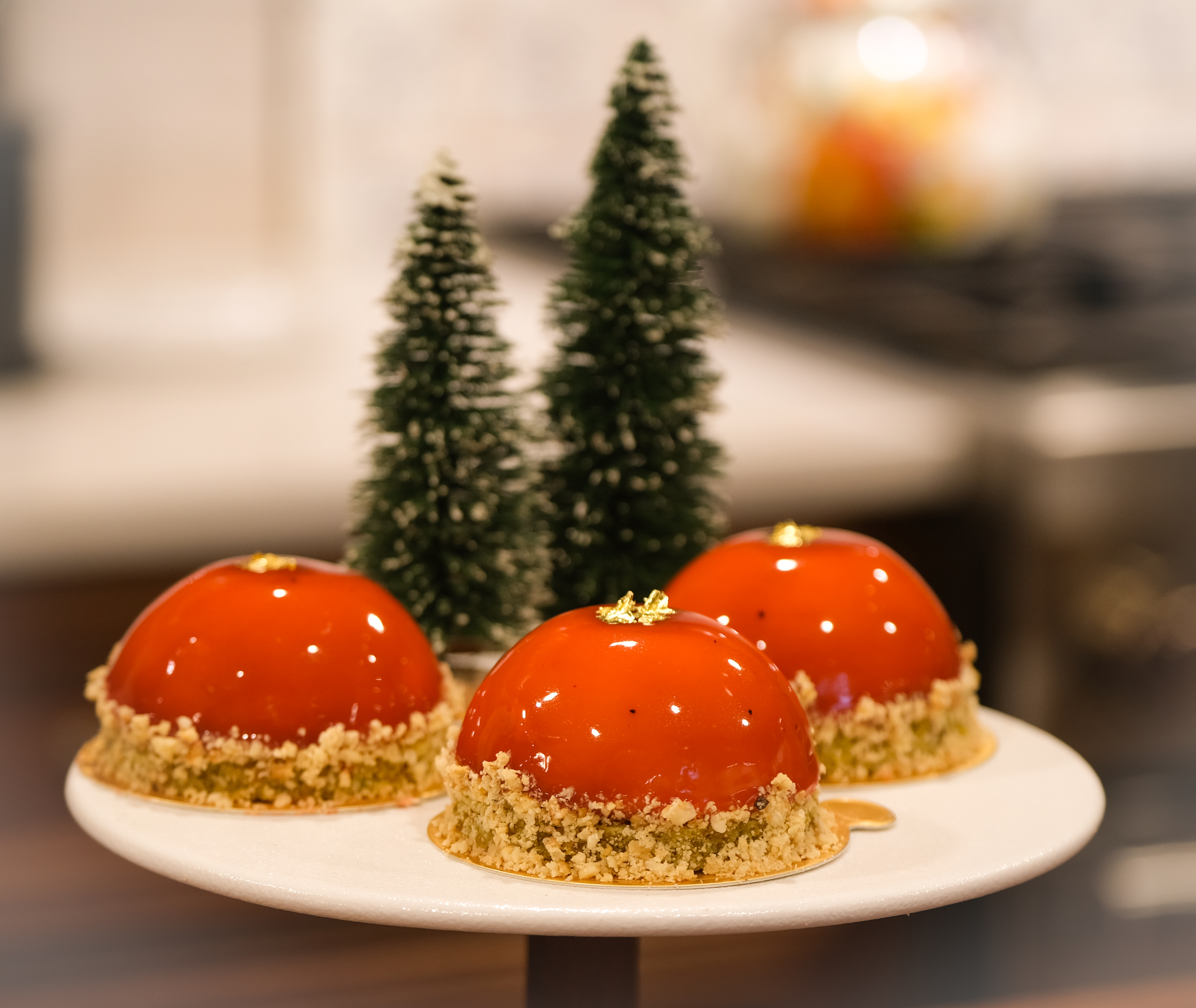 White Chocolate Raspberry Mousse Domes (on Pistachio Sponge)